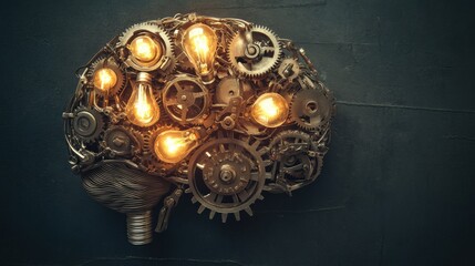 Wall Mural - A brain made of interconnected gears and light bulbs, Innovation scene, Industrial style
