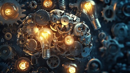 Wall Mural - A brain made of interconnected gears and light bulbs, Innovation scene, Industrial style