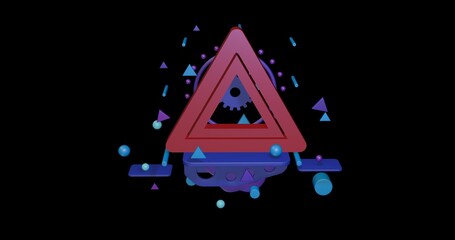Poster - Red emergency stop sign on a pedestal of abstract geometric shapes floating in the air. Abstract concept art with flying shapes in the center. 3d illustration on black background