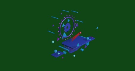 Poster - Red comet symbol on a pedestal of abstract geometric shapes floating in the air. Abstract concept art with flying shapes in the center. 3d illustration on green background