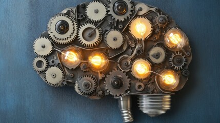 Wall Mural - A brain made of interconnected gears and light bulbs, Innovation scene, Industrial style