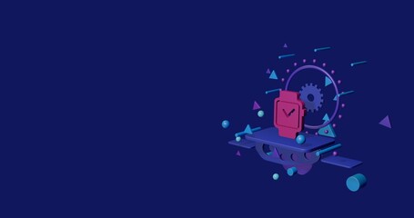 Poster - Pink smart watch symbol on a pedestal of abstract geometric shapes floating in the air. Abstract concept art with flying shapes on the right. 3d illustration on indigo background