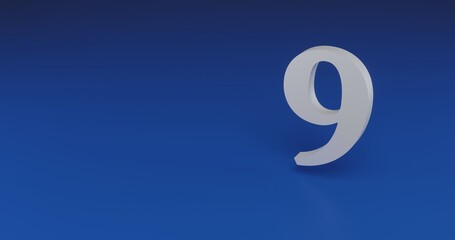 Poster - Isolated realistic white number nine symbol with shadow. Located on the right side of the scene. 3d illustration on transparent background