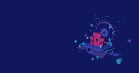 Poster - Pink castle symbol on a pedestal of abstract geometric shapes floating in the air. Abstract concept art with flying shapes on the right. 3d illustration on indigo background