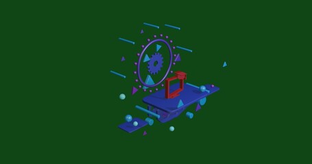 Poster - Red distance learning symbol on a pedestal of abstract geometric shapes floating in the air. Abstract concept art with flying shapes in the center. 3d illustration on green background