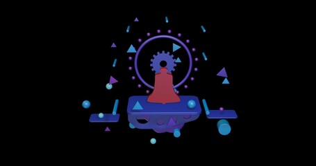 Poster - Red vintage bell symbol on a pedestal of abstract geometric shapes floating in the air. Abstract concept art with flying shapes in the center. 3d illustration on black background