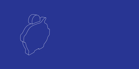 Poster - The outline of a large piggy bank symbol made of white lines on the left. 3D view of the object in perspective. Vector illustration on indigo background