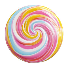 Poster - A vibrant, swirled lollipop candy with pink, yellow, and blue stripes, isolated on a black background.