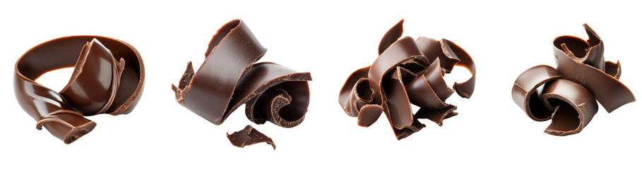 Aufkleber - Four images showcase dark chocolate shavings in different curled and spiral shapes against a black background.