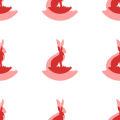 Poster - Seamless pattern of large isolated red hare symbols. The elements are evenly spaced. Illustration on light red background