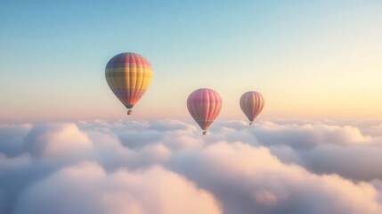  Three hot air balloons soar above a sea of clouds at sunrise, travel, adventure