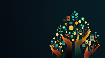 Poster - Hands planting glowing saplings of cultural symbols and scripts