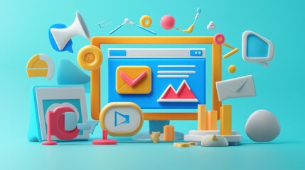 Poster - a colorful, 3d representation of digital marketing tools, featuring a computer screen, graphs, icons
