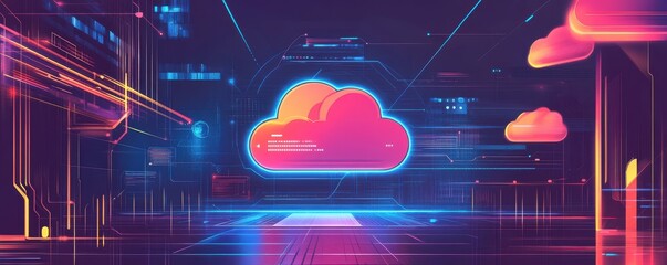 Poster - A vibrant digital landscape featuring a cloud icon, surrounded by neon lines and abstract shapes, embodying technology and innovation.