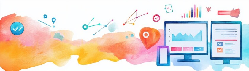 Poster - a colorful digital illustration featuring data analytics on screens, showcasing graphs, icons, and a