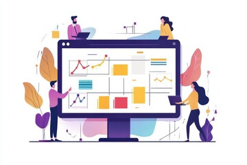 Poster - a colorful illustration of people analyzing data and charts on a large computer screen, showcasing t