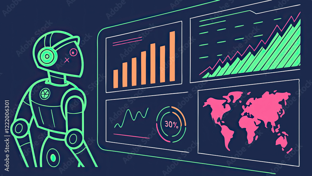 Stock-Illustration „AI Data Analysis Dashboard, Robot, World Map ...