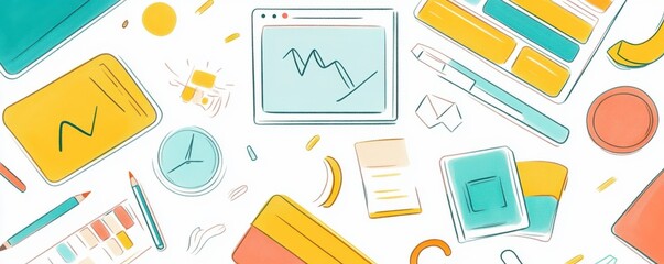 Poster - a colorful illustration featuring various office supplies and digital elements like graphs, pens, an