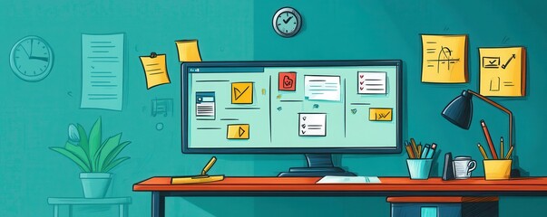 Poster - a colorful workspace featuring a computer, notes, a clock, and a plant, ideal for productivity and c