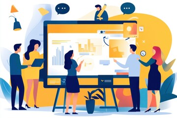 Poster - a diverse group of professionals collaborates around a large screen displaying data analytics and ch