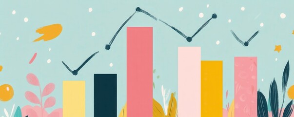 Poster - a colorful illustration of bar graphs and line charts surrounded by decorative plants, representing 