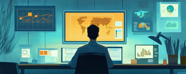 Poster - a person sits at a desk surrounded by multiple screens displaying graphs and a world map, immersed i