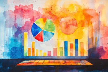 Poster - a vibrant watercolor illustration featuring colorful pie charts and bar graphs, symbolizing data vis