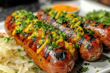 Wall Mural - Delicious grilled sausages with mustard, herbs, and sauerkraut on white plate