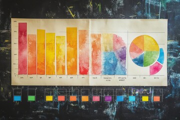Poster - a colorful data visualization featuring bar graphs and a pie chart against a textured background, sh
