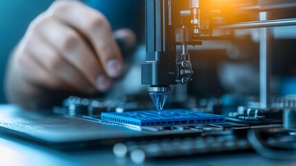 Poster - A close-up of a hand operating a precision machine, focusing on a nozzle working on a blue component, highlighting modern technology and engineering.