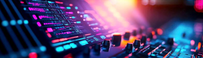 A vibrant mix of colorful lights and audio equipment in action.