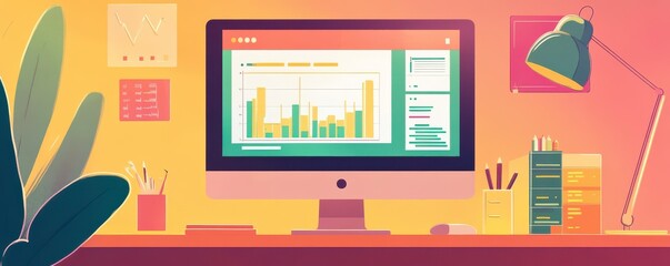 Poster - a colorful workspace featuring a computer screen displaying data analytics, with stationery and plan