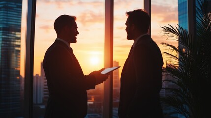 Wall Mural - Two business professionals discussing a project on a tablet in a modern office with large windows