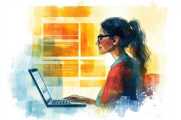 Poster - a woman works intently on a laptop, surrounded by a colorful, abstract background, emphasizing focus