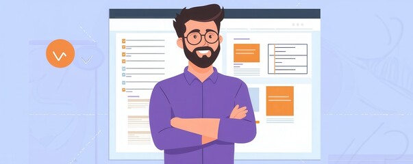 Poster - a cheerful man in glasses stands confidently with arms crossed, in front of a digital interface feat