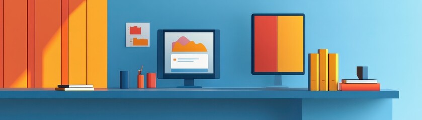 Poster - a colorful workspace featuring a desk with a computer, books, and decorative items, designed for pro