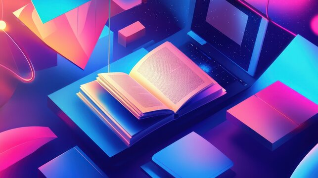 Abstract digital rendering with open book, laptop and geometric shapes on a dark background