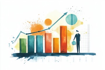 Poster - a business-themed watercolor illustration showing a person beside colorful bar graphs and an upward 