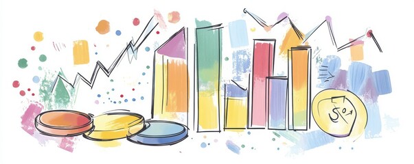 Poster - a colorful illustration depicting various graphs, charts, and coins, symbolizing finance, analytics,