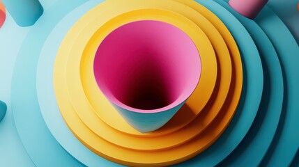 Poster - A vibrant arrangement of layered shapes in pastel colors, featuring concentric circles and a central hollow structure, creating a playful, artistic composition.