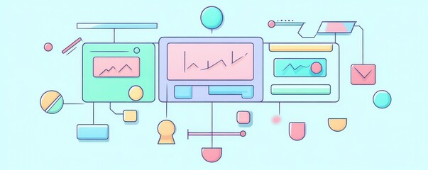 Poster - a colorful illustration displaying various digital interfaces with graphs, icons, and communication 