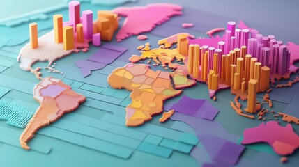 Poster - a colorful 3d map displaying various continents, enhanced with bar graphs representing data visualiz