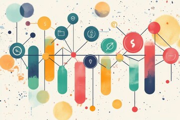 Poster - a colorful abstract representation of data visualization featuring various icons and shapes, illustr