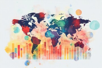 Poster - a colorful, artistic representation of a world map, featuring abstract shapes and a vibrant color pa