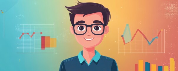 Poster - a cheerful young man in glasses stands against a colorful background with graphs, symbolizing data a