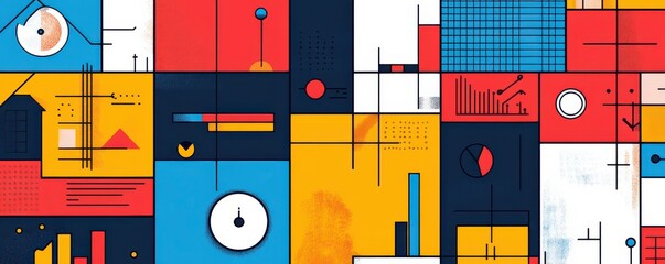 Poster - A vibrant abstract composition featuring geometric shapes in red, blue, yellow, and white, creating a modern and dynamic visual experience.