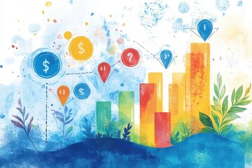 Poster - a colorful, abstract depiction of bar graphs with dollar signs, question marks, and vibrant splashes