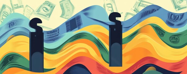 Poster - abstract illustration featuring colorful waves and money, suggesting themes of finance, economy, and