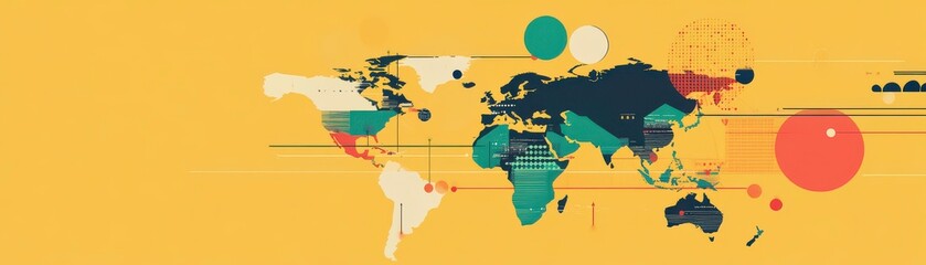 Poster - a colorful, abstract world map featuring various geographical shapes on a bright yellow background.