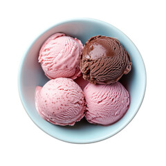 Aufkleber - Four scoops of strawberry and chocolate ice cream are in a light blue bowl viewed from above.